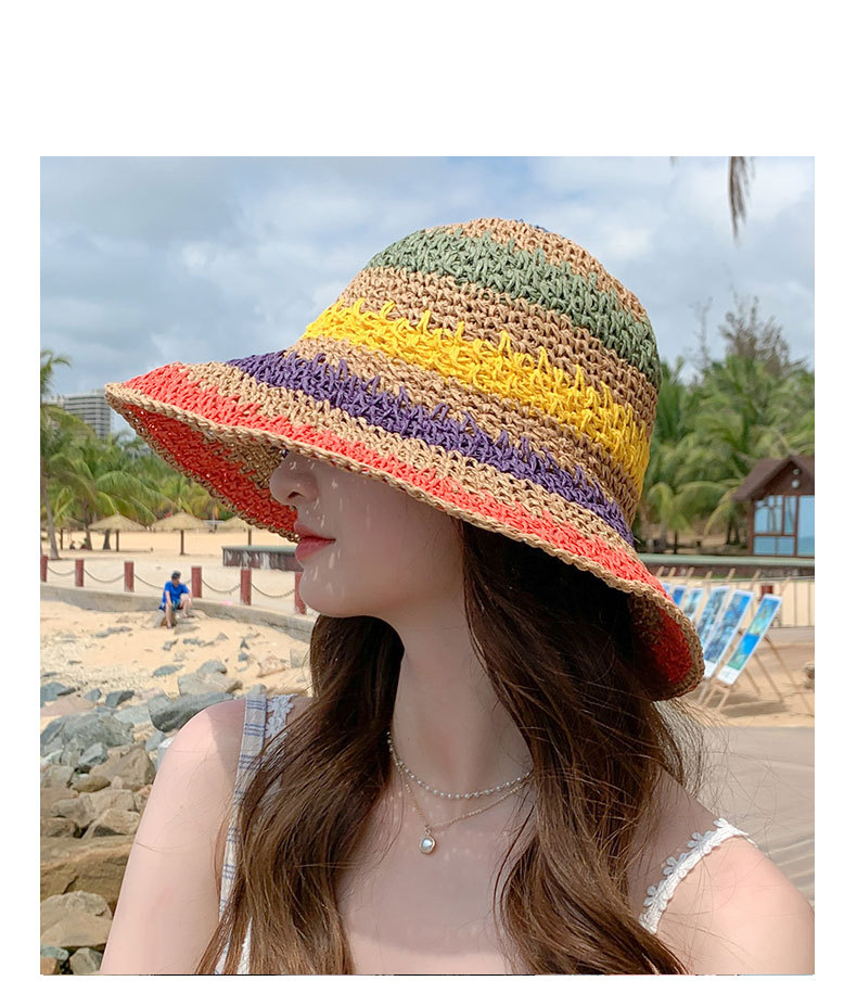 Sraw da donna pieghevole bohemien spiaggia arcobaleno colorato pescatore He Sun, che mostra un piccolo viso coprente, alla moda Po_voghion.com