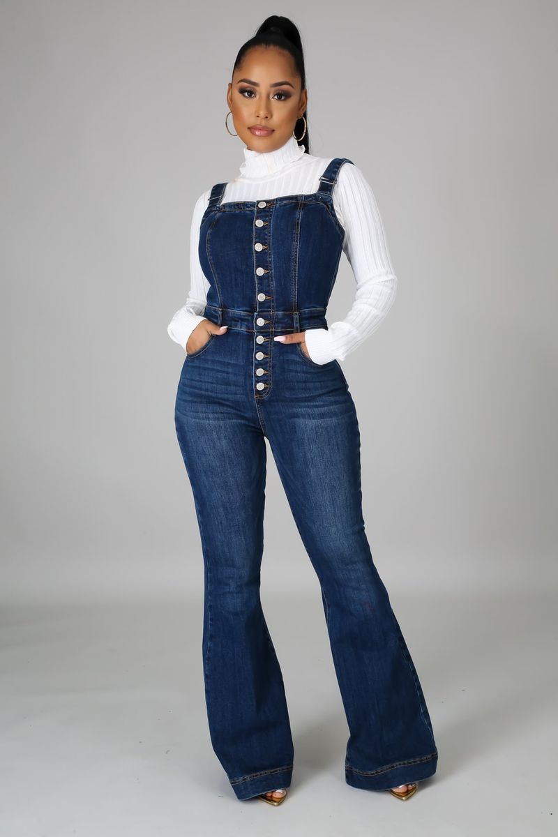 Roupas femininas Casual Sexy Suspensórios Denim Macacão Calças de perna larga_voghion.com