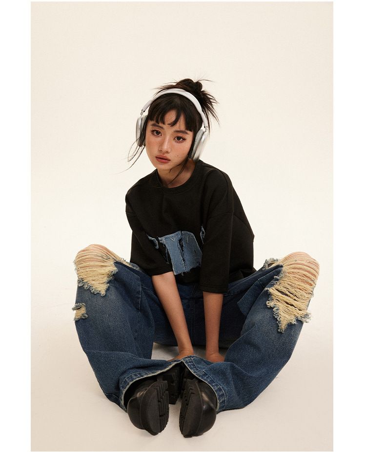 férfi ruházat farmer foltos hímzés romboló stílusú betűs nyomtatott rövid ujjú póló férfiak pár laza_voghion.com