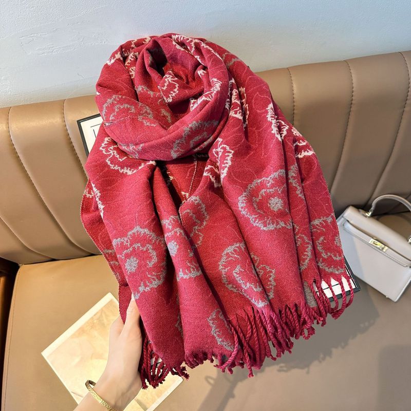Elegant Camellia Fringe Shawl Scarf - Winter Warm Double-Layered Wrap With Stylish Floral Design, Soft & Cozy For Women_voghion.com