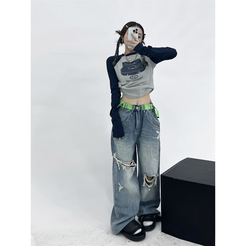 HOUZHOU Vintage Y2K Patchwork Groene T-shirts Vrouwen Hippie Streetwear T-shirts met lange mouwen Vrouwelijke Kpop Retro Herfst Crop_voghion.com