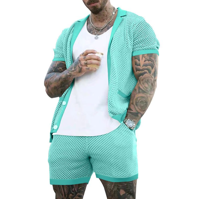 Herrenbekleidung Herrenmode aushöhlen durchsichtig cool lässig dünne Oberbekleidung Herren Kurzarm Shorts Set_voghion.com