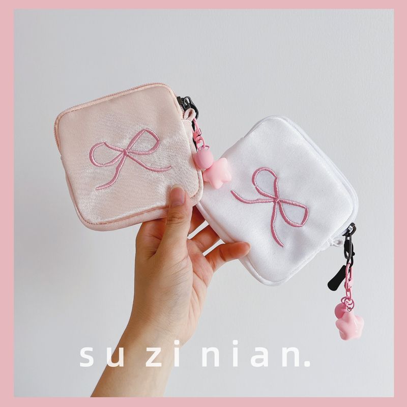 Graziosa borsa con fiocco per donna, piccola borsa portamonete in tessuto con cerniera, portachiavi e auricolari_voghion.com