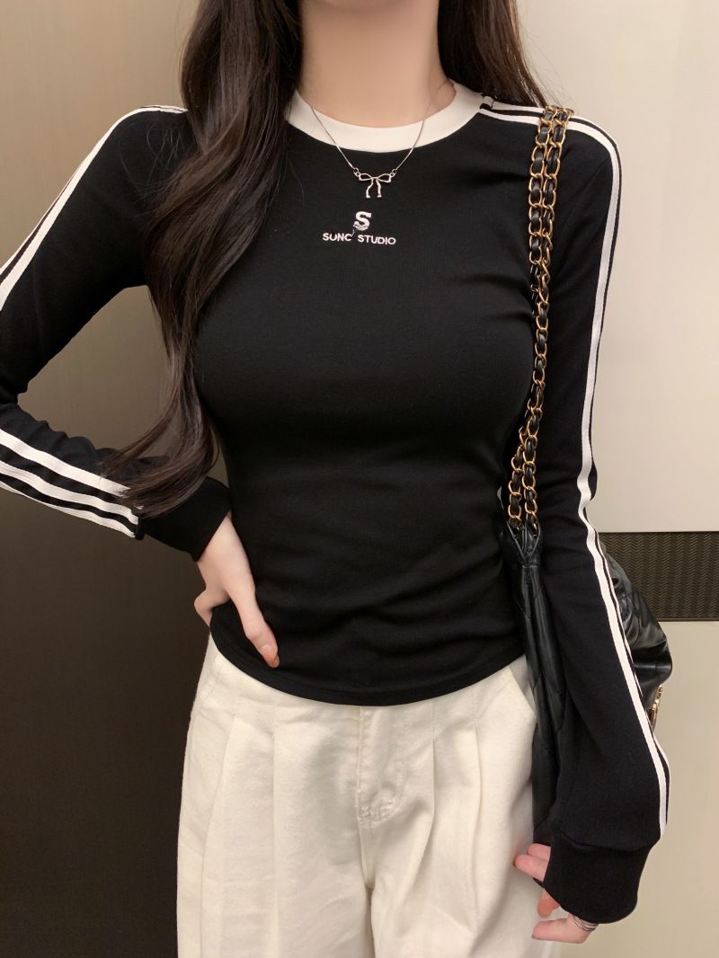 545 # 40 count pure cotton (92 cotton/8 spandex) 2024 autumn long sleeved T-shirt with embroidered stripes for women_voghion.com
