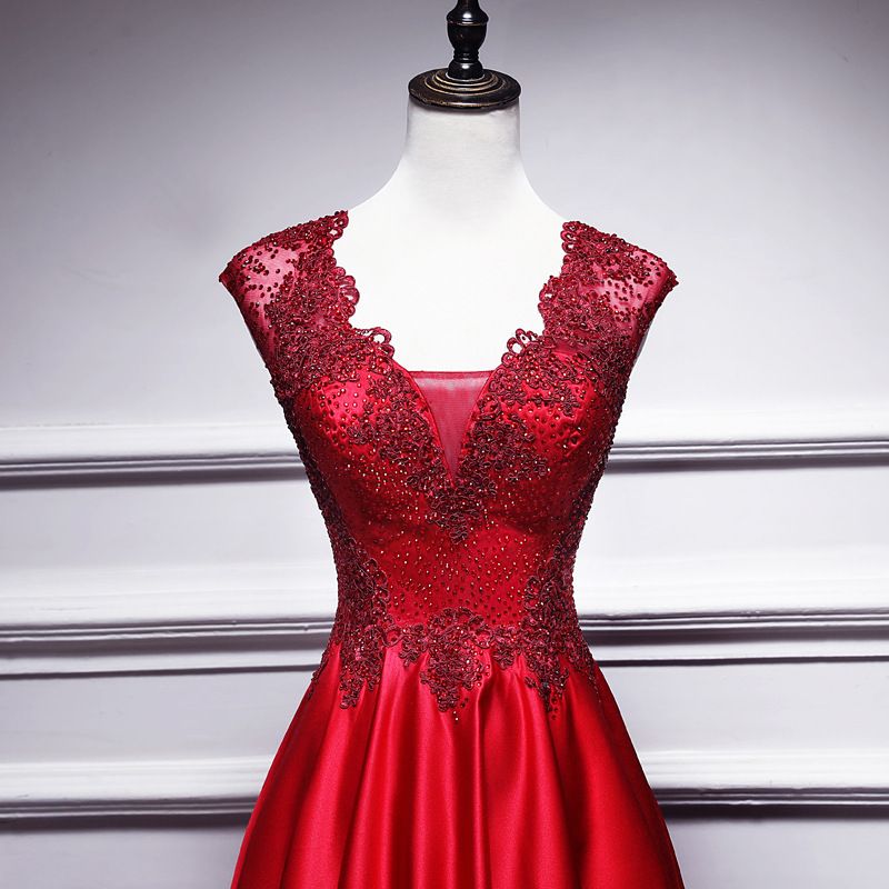Elegante abito da sera rosso con scollo a V profondo - Abito da sposa a trapezio con corsetto e allacciatura sulla schiena (XS-XXXL, misto chiffon e poliestere)_voghion.com