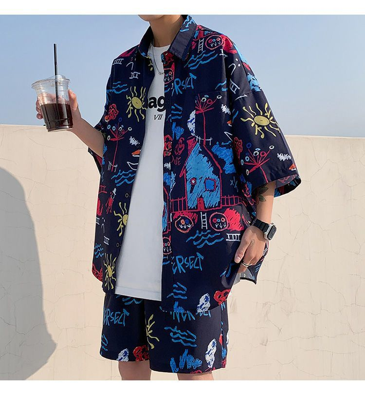 Herre Hawaii seaside strand feriedress herre løs pluss størrelse par trendy kortermet blomsterskjorte tilfeldig todelt sett_voghion.com