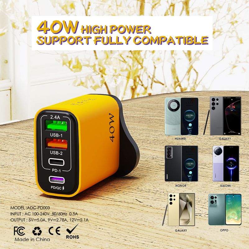 syct 2YPE-C+2USB Mobile Phone 40W Fast Charger 5V3.1A Adapter PD+USB Multi-Port Charging Head_voghion.com