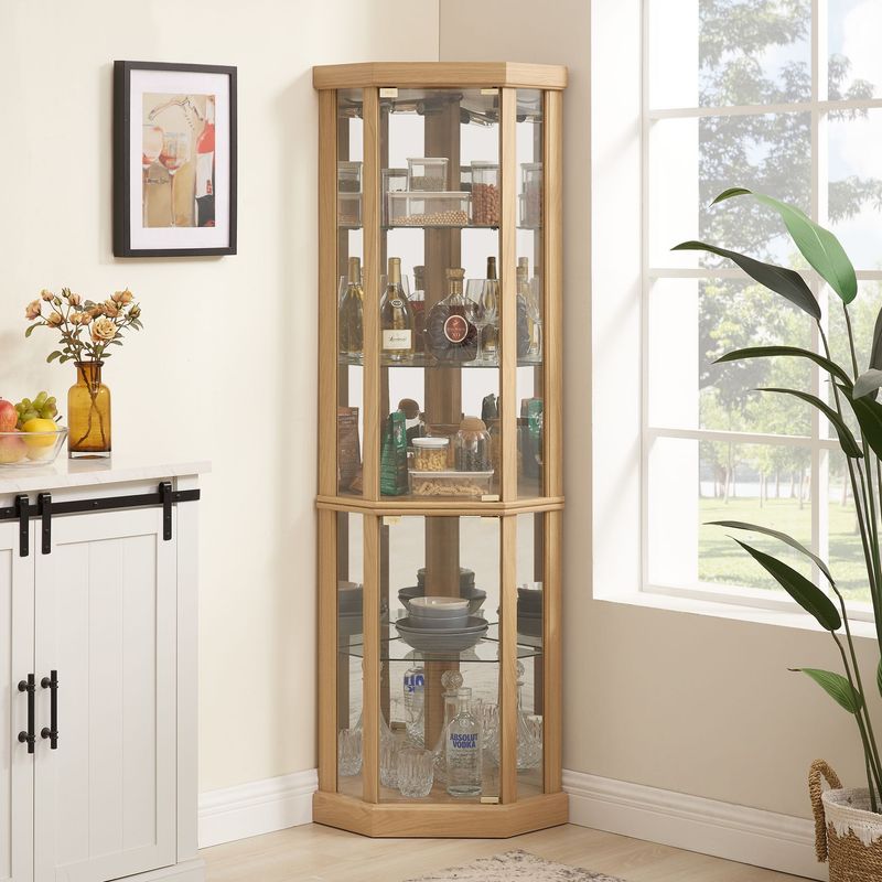 Corner Lighted Curio Cabinet Corner Glass Cabinet Lighted Curio Cabinet Corner Display Case For Living Room, Curio Cabinet, Antique Collection, Wine,Bar Glass Storage Light Included,Dark Cherry_voghion.com