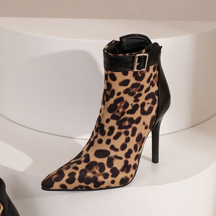 2022 European and American style pointed thin heel fashion women's boots leopard print short boots foreign trade large size color matching short boots_voghion.com