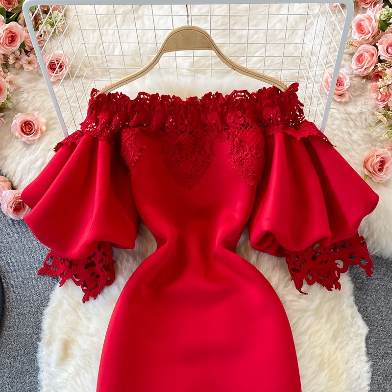 Îmbrăcăminte pentru femei Umăr retro lanternă rochie expusă rochie cu talie fustă înfășurată rochie cu o mânecă rochie rochie roșie antică cu guler cu fustă lungă_voghion.com