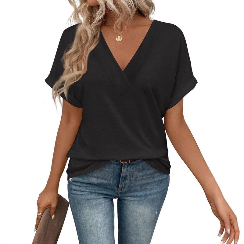 Maglietta a maniche corte tinta unita con scollo a V, ampia e ampia, da donna, estate 2025_voghion.com