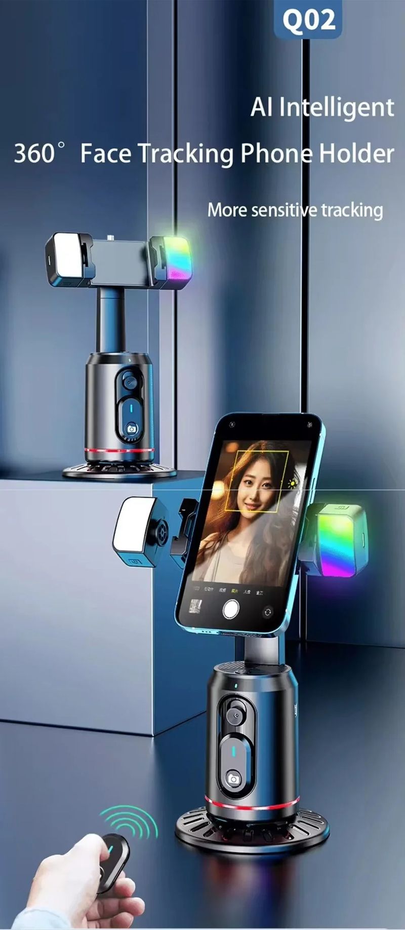 Treppiede intelligente AI con rilevamento automatico del viso, controllo dei gesti con rotazione a 360°, stabilizzatore cardanico, telecomando universale Bluetooth_voghion.com