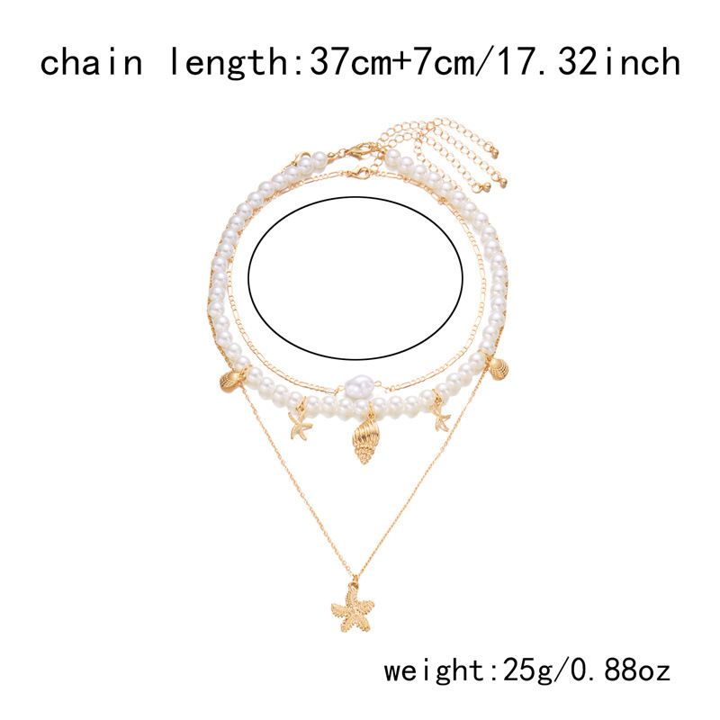 Ensemble de bijoux pour femme : collier multicouche en coquillage, perle et conque, style rétro estival, avec pendentif étoile de mer._voghion.com