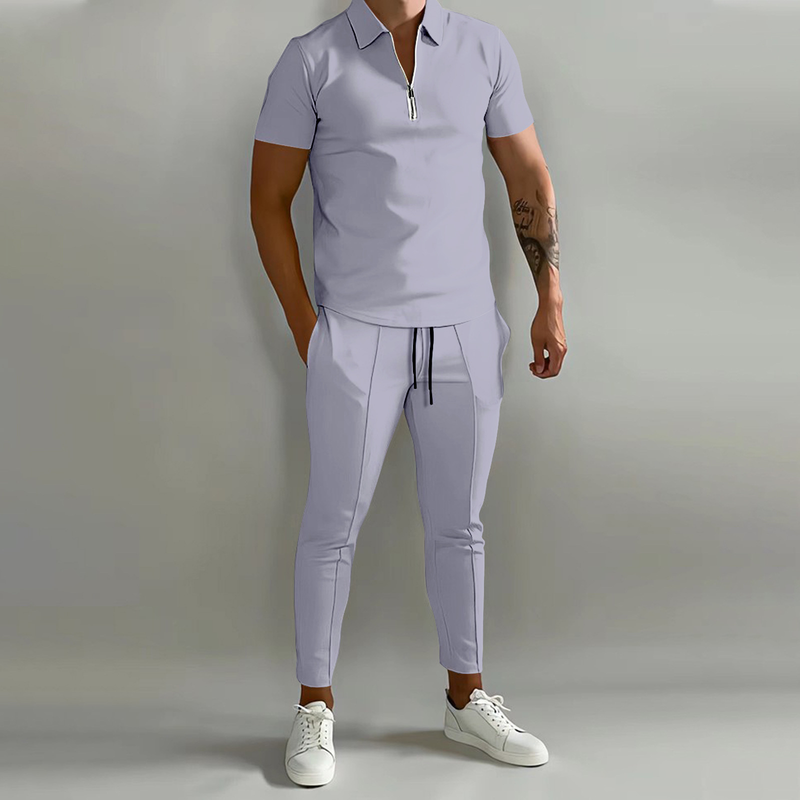 2024 Nieuwe 3D-geprinte effen polobroek met korte mouwen, casual set voor heren_voghion.com