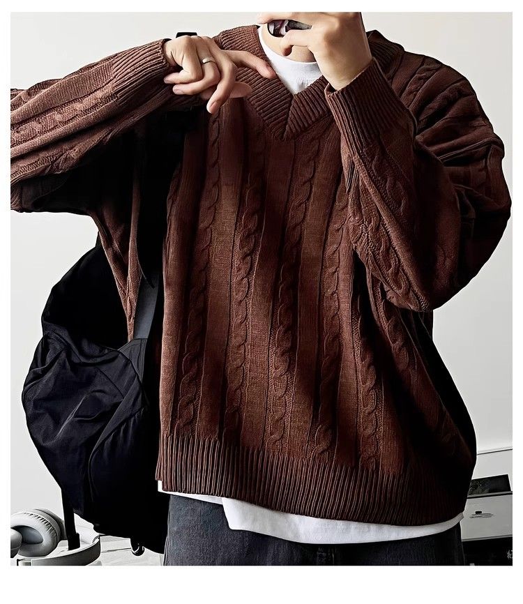 Maglione marrone a trecce con scollo a V per uomo, maglione casual autunnale Melad, maglietta Lazy Base_voghion.com