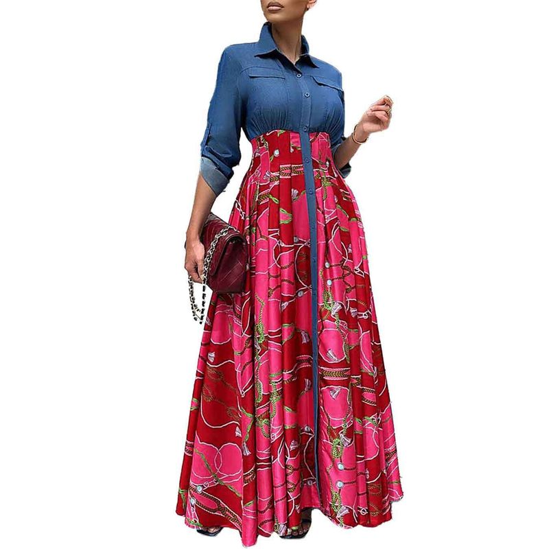 C8551 Herbst Und Winter Neue Große Größe Damenmode Casual Denim Spleißen Gedruckt Langen Rock Große Schaukel Außenhandel_voghion.com