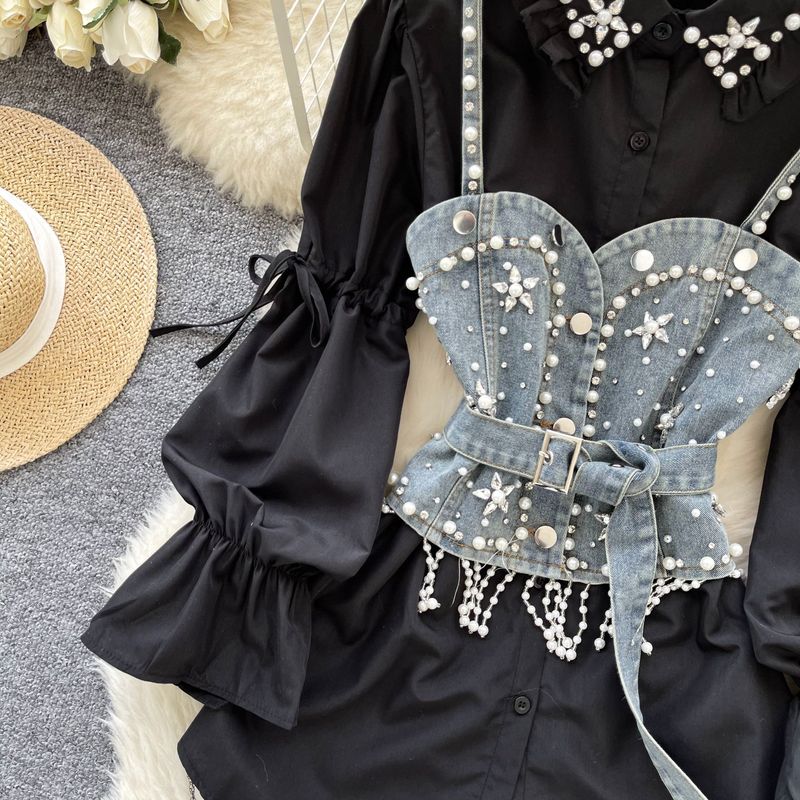 Ensemble de printemps pour femme : gilet en jean brodé, chemisier à manches longues, ensemble deux pièces orné de strass et de perles qui soulignent la taille._voghion.com