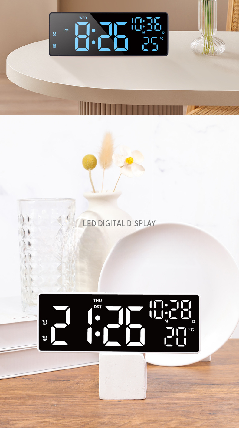 Specchio digitale per la temperatura, LED, batteria, spina, doppio uso, calendario perpetuo, sveglia multifunzione_voghion.com