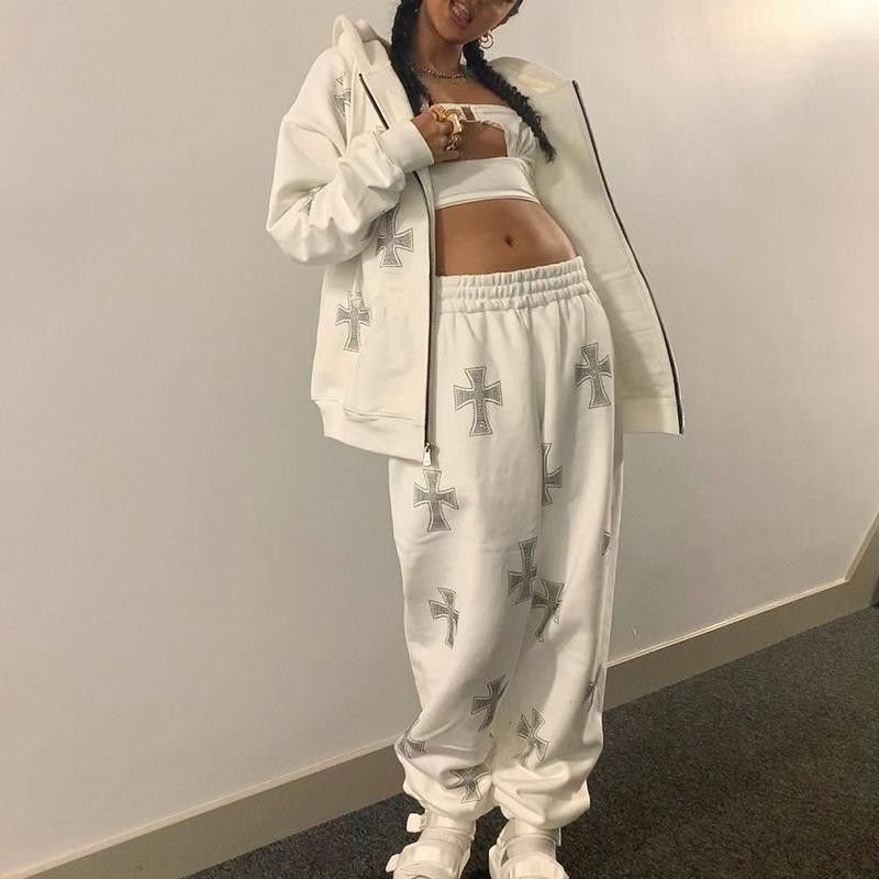 Women's Streetwear Hoodie & Pants Set With Cross Rhinestone Zipper - Oversized Pullover & Joggers Outfit For Fall (White, Black)_voghion.com