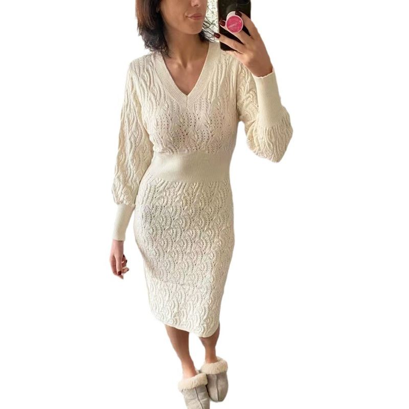 Elegante abito in maglia all'uncinetto traforato con scollo a V e maniche a lanterna per donna, abito midi aderente a vita alta in albicocca (taglia unica)_voghion.com