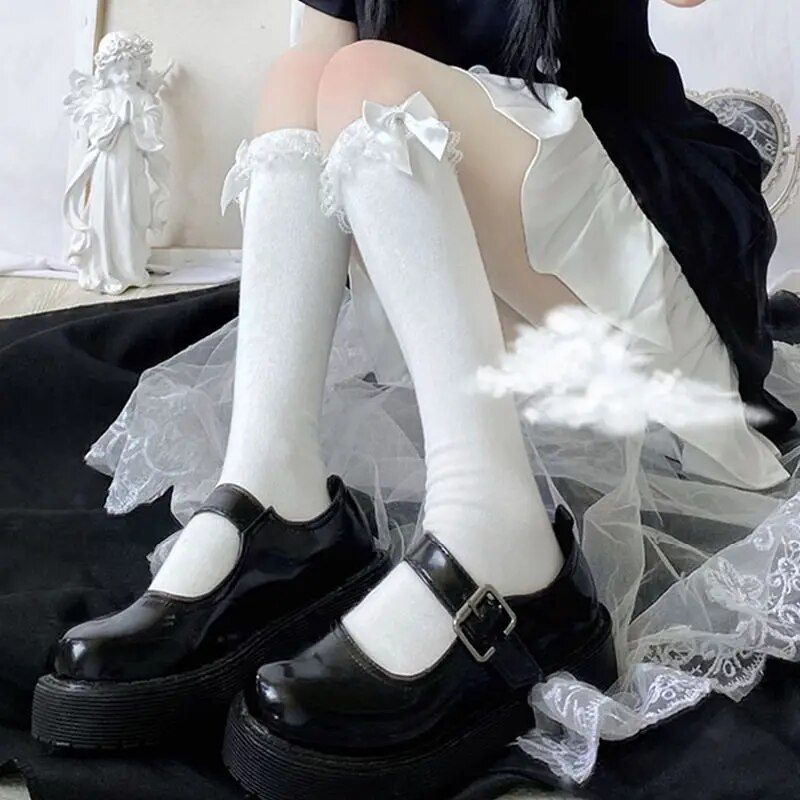 Lace Stockings Bow Knot Female Long Lolita Soft Sister Jk Uniform Knee Student Cute JK Socks_voghion.com