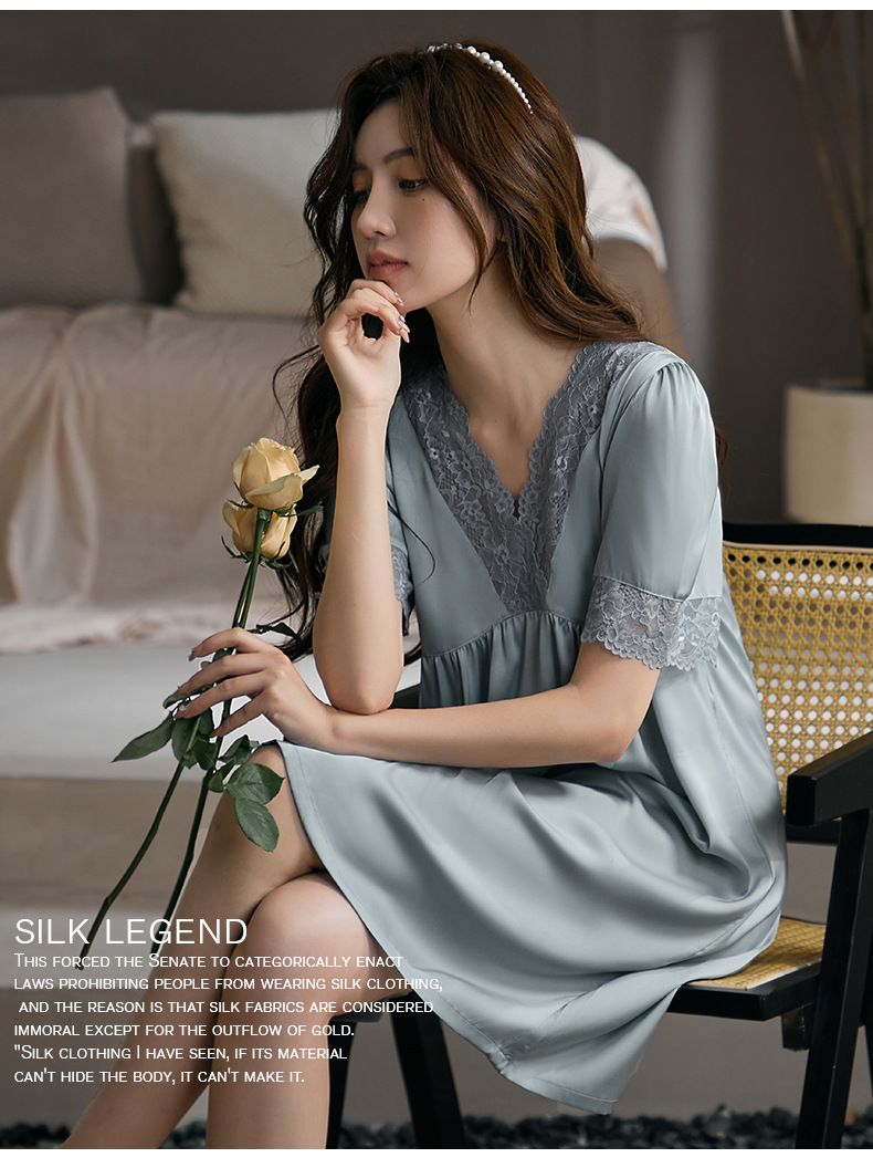 Women's Sleepwears Large Lace Nightdress Medium Length Ice Silk Short Sleeved Simple Large Size Nightdress Home Clothes_voghion.com