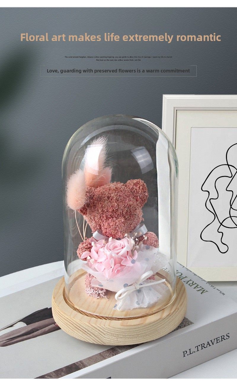 Ewiger Rosenbär in Glaskuppel – Bär aus Glas, Trockenblumen und Harz | Geschenkfertig, Geschenkbox enthalten | Perfekt für den Geburtstag der Freundin oder den Valentinstag_voghion.com