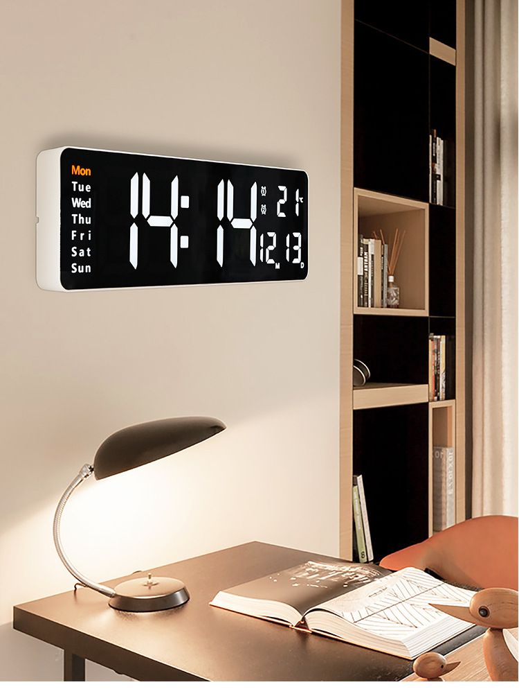 16 Zoll große digitale LED-Wanduhr mit Datums- und Temperaturanzeige, modernes minimalistisches Design für Wohnzimmer/Schlafzimmer/Büro, weißes/schwarzes Gehäuse mit_voghion.com