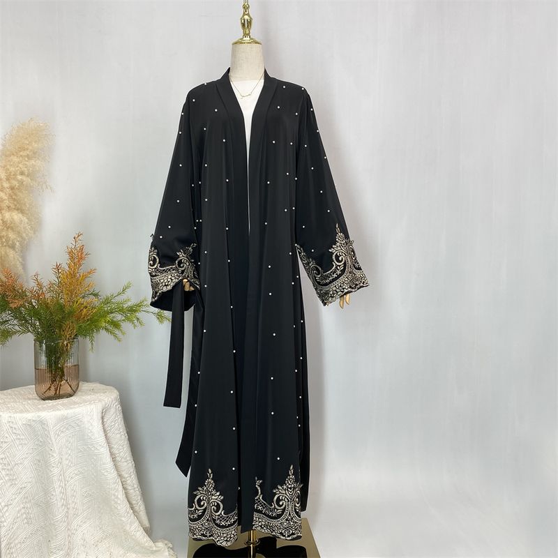 Vestiti da donna Abaya aperti in pizzo con perle, design alla moda musulmana, kimono lungo, kaftano, abiti islamici di Dubai per le donne_voghion.com