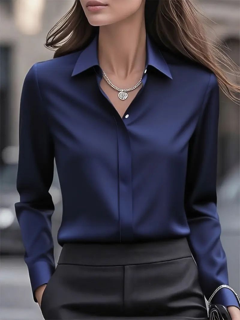 Satin-Finish Long Sleeve Blouse For Women – Elegant Office Shirt With Classic Collar, Versatile Staple For Fall_voghion.com