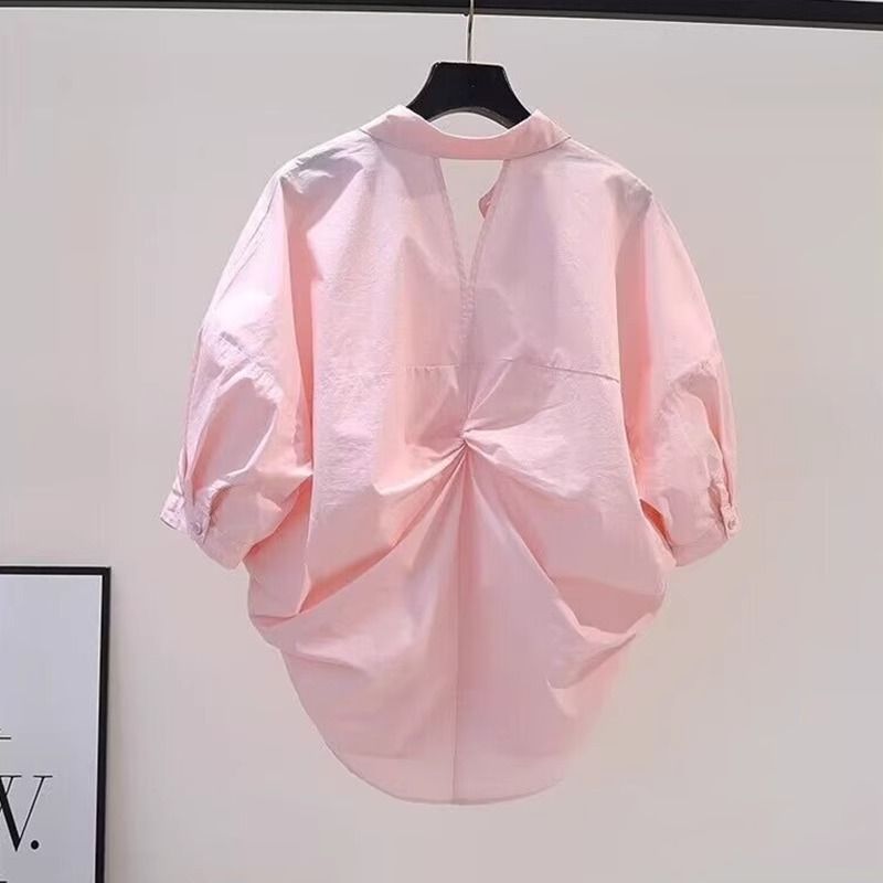 Camisa de verano para mujer, de algodón y lino, con abertura en la espalda, holgada, plisada y de manga corta._voghion.com