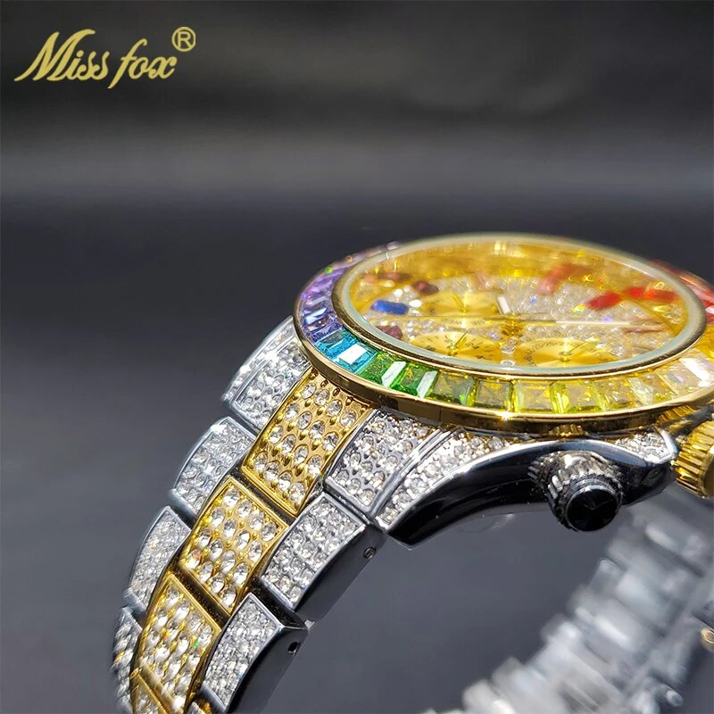 Missfox - Gouden herenhorloge, regenboogdiamanten wijzerplaat, chronograaf met drievoudige wijzerplaat, waterdicht, sportief, elegant_voghion.com