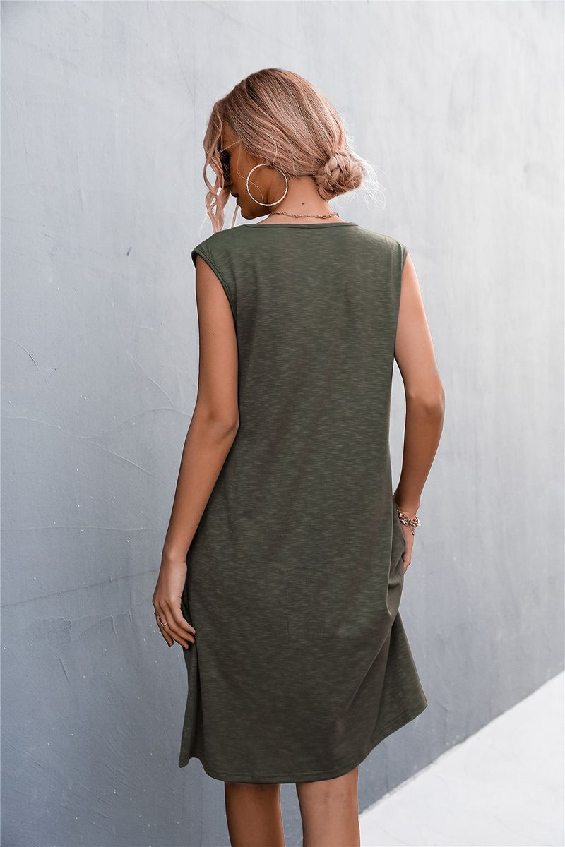2023 frühjahr/Sommer Neue Solide V-ausschnitt Ärmelloses Tank Top Gestrickte Kleid Kurzen Rock_voghion.com
