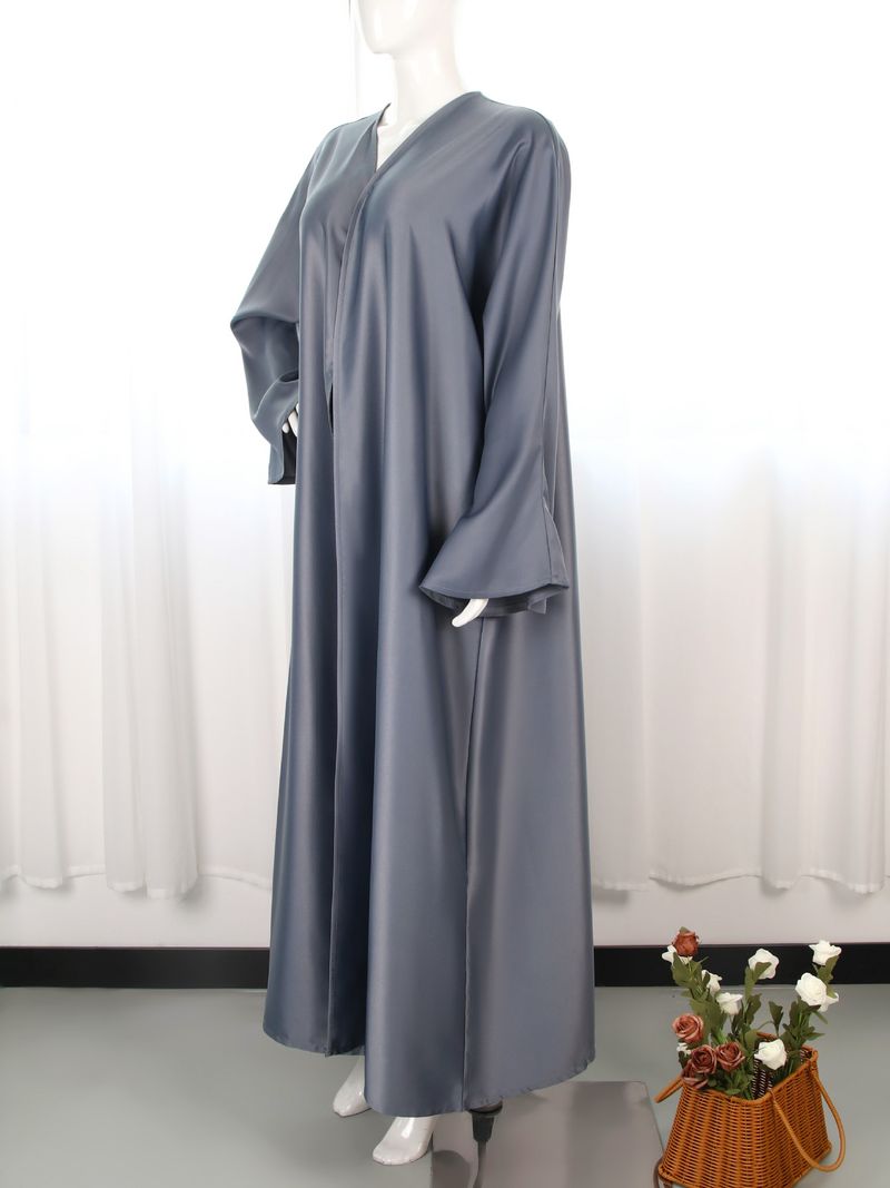 Elegantes, schlichtes muslimisches Abaya-Kleid mit Satin-Finish – langärmliger, fließender Übermantel für Frauen, atmungsaktives Polyester, verstellbare Taillenbindung_voghion.com