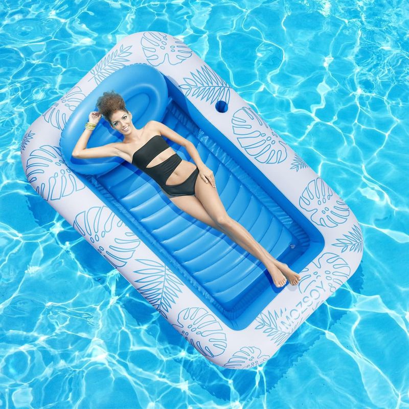 Nadmuchiwany podwójny pływający rząd dla dorosłych świecący pierścień do pływania LED Solar Luminous Tanning Pool Niebieski liść klonu Pływające łóżko_voghion.com