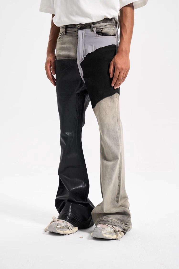 Jeans a zampa cerati allungati con gamba larga e stile trendy casual con cuciture a contrasto di colore e rivestimento di alta qualità da uomo_voghion.com