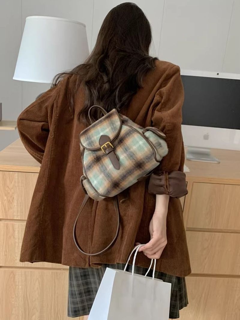 Vintage Woolen Velvet Whi Checkered Autumn Winr College Style Student Backpack For Women Commuting Simple British_voghion.com