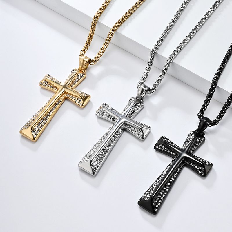 Collana con ciondolo a forma di croce in acciaio al titanio placcato oro con diamanti, stile Hip Hop, per uomo_voghion.com