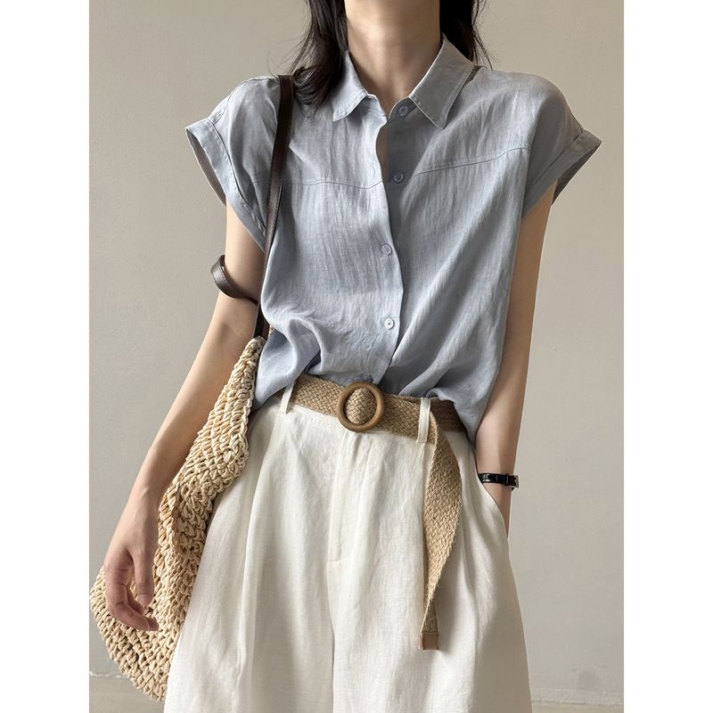 Camicia a maniche lunghe in puro lino stile coreano Yanshuang per donna, estiva, tinta unita, ampia e snellente, unica_voghion.com