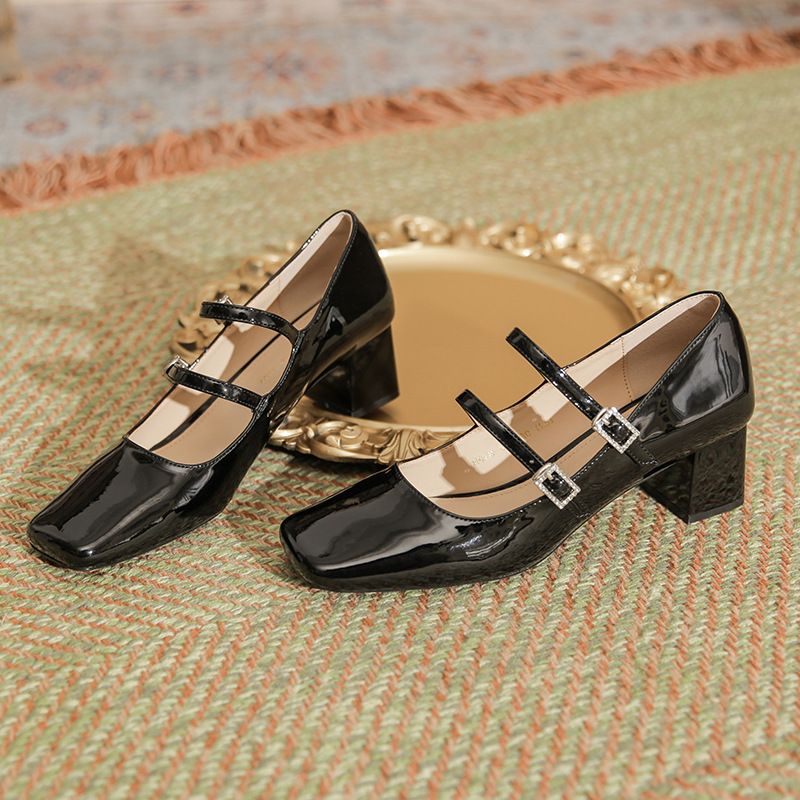 H978-52 Silberne Mary Jane-Schuhe aus Lackleder mit Doppelriemen und 5 cm Blockabsatz, Diamantschnalle, neues Modell_voghion.com