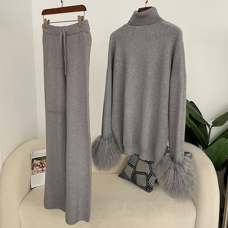 Ensemble en tricot avec poignets en fourrure de renard pour femme – Pull ample à col montant et pantalon large pour l'automne/hiver_voghion.com
