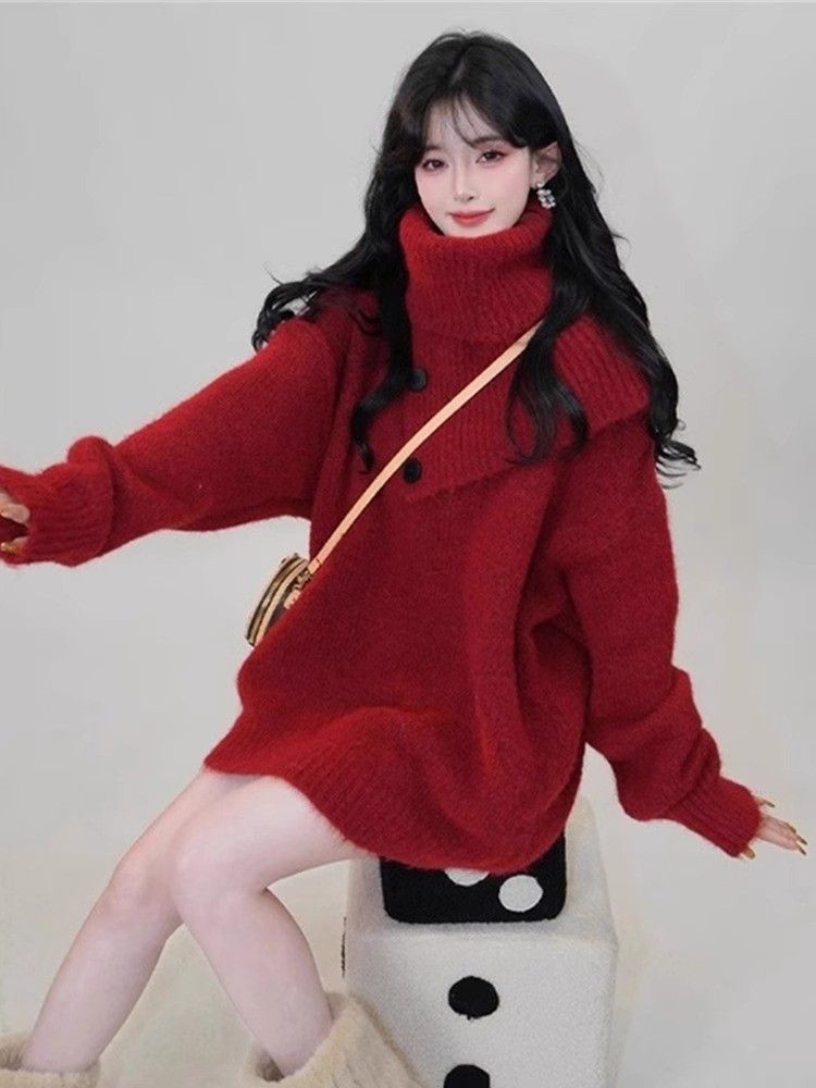girl Christmas Red Turtleneck Knitted Sweater Scarf Two-Piece Set For Women Autumn Winter High-End Lazy Thickened Outerwear_voghion.com