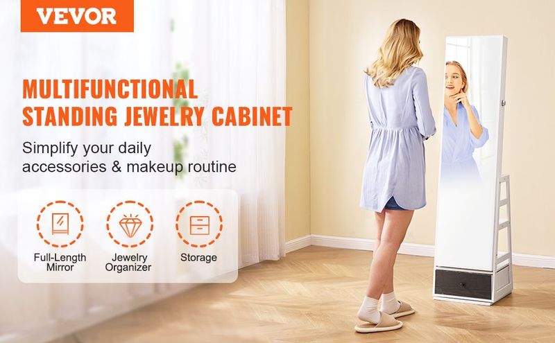 VEVOR Mirror Jewelry Cabinet 360° Swivel Standing Mirror With Storage White_voghion.com