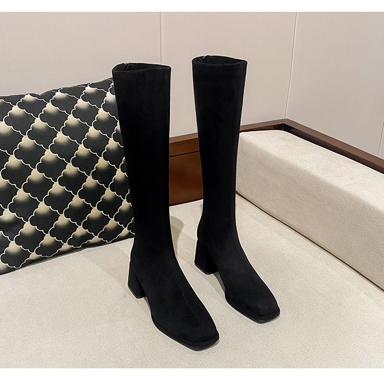 below The Knee Suede High Heel Square Head Shorty Long Boots_voghion.com