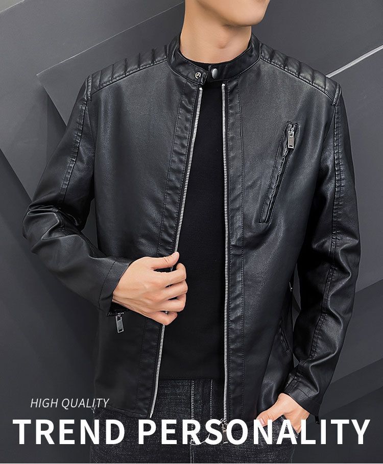 Große Herren-Lederjacke mit Stehkragen, schmal geschnitten, Lokomotiv-Stil, PU-Lederjacke für Herren, Freizeitjacke_voghion.com