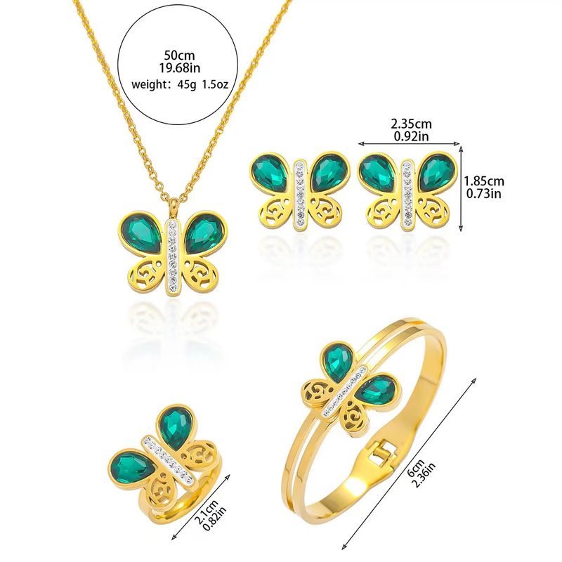 Jewelry Sets Necklace For Women, New Fashion, Simple Emerald Butterfly Temperament Earrings And Bracelet, Stainless Steel Set_voghion.com