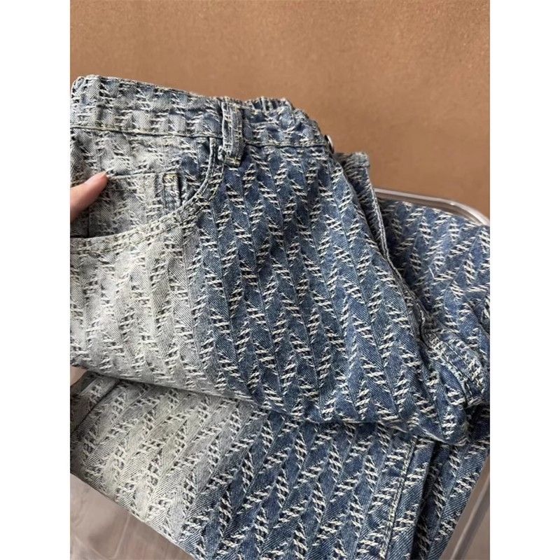 Herenkleding Blauwe Jacquard Jeans Heren Zomer Amerikaans Modemerk High End Broeken Ontwerp Smal Versie Uitlopende Broek_voghion.com