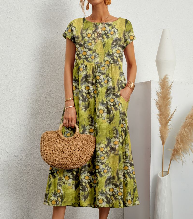 Abito estivo stampato senza maniche in cotone e lino, nuovo stile 2024, da donna_voghion.com