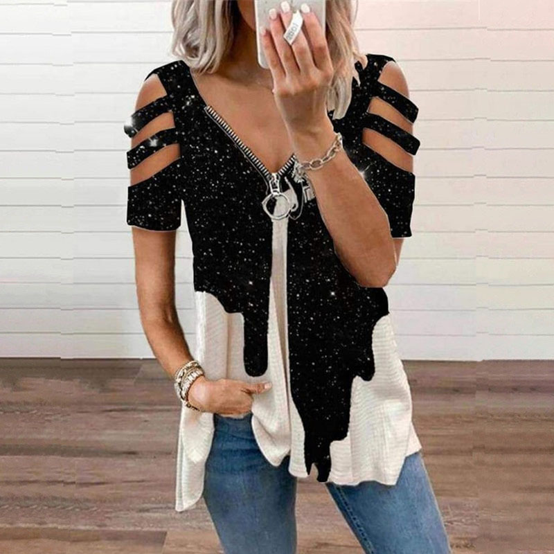 Nuova camicetta estiva da donna con spalle scoperte, stampa leopardata, cerniera, scollo a V, casual, ampia, primaverile, sexy, nuova camicetta da donna_voghion.com