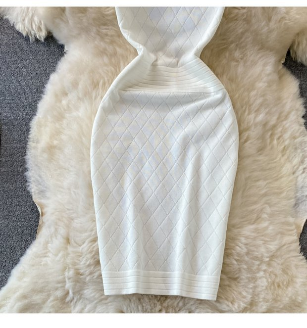 Damen Rundhals Ärmelloses Strick Neckholder Off-Shoulder Kleid Sexy Hüftbetontes Kurzrockkleid_voghion.com